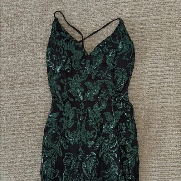 green emerald velvet dress Jillian Sequin Slit Long Formal Dress